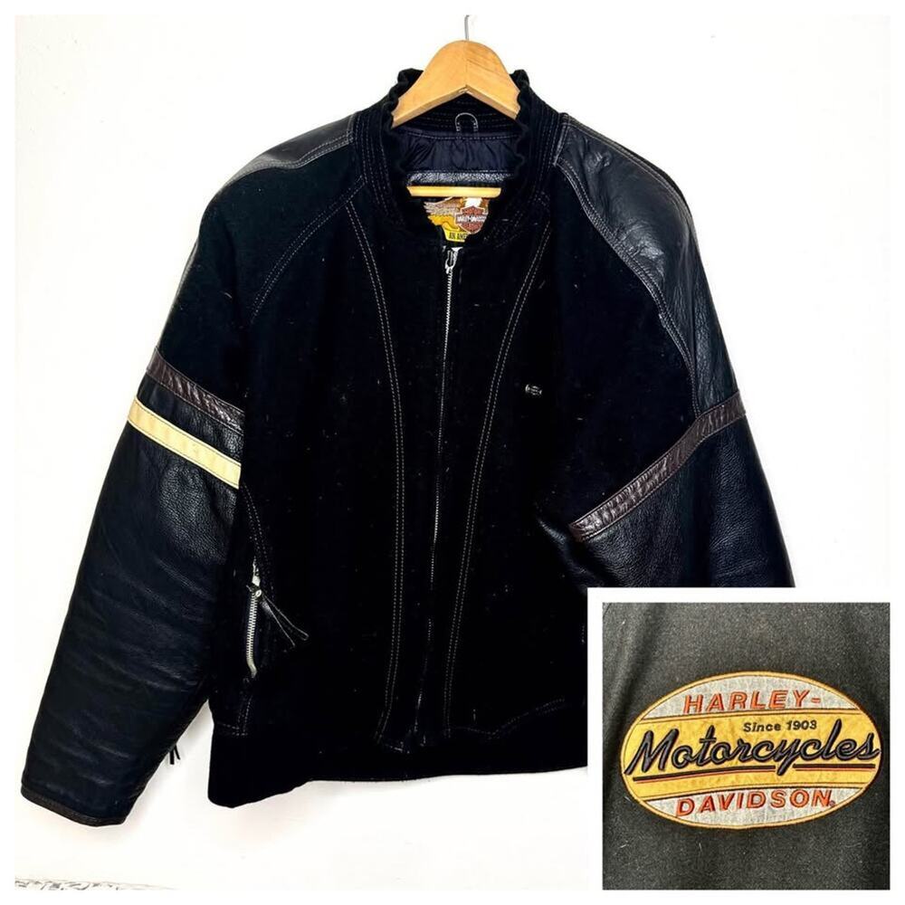 Vintage Harley Davidson Wool Leather Moto Jacket Coat Motorcycle Men's XL